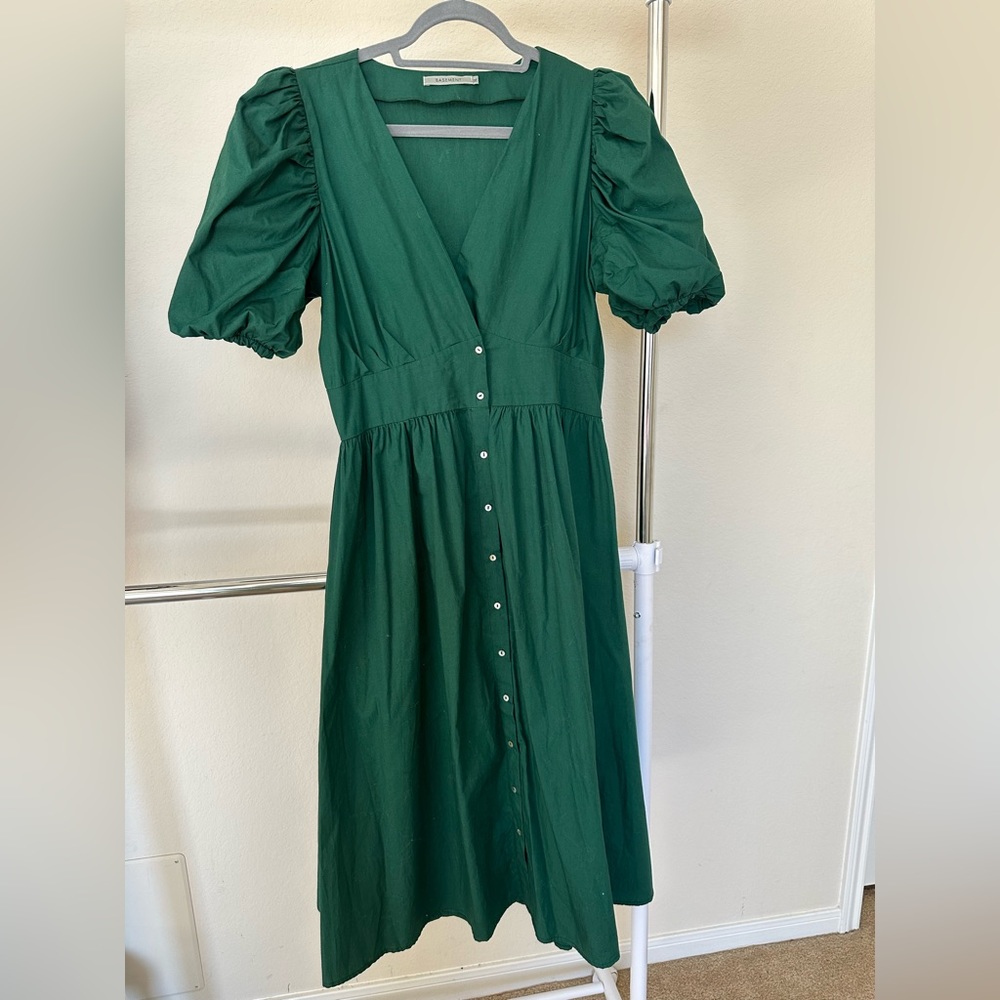 Women Short Puff Sleeve Dress Casual Solid V Neck Midi
